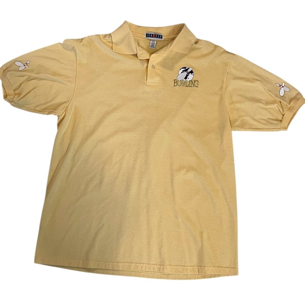 Vintage Bowling Polo Shirt Size Large Jerzees Yellow Embroidered Short Sleeves